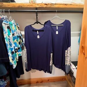 Celeste Navy Long Sleeve Top with Leopard & Stripe Sleeve Panels